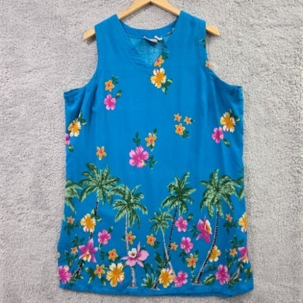 CZ Cover-Ups‎ Women's 2X Blue Floral Palm Tree Rayon Sleeveless Shift Dress
